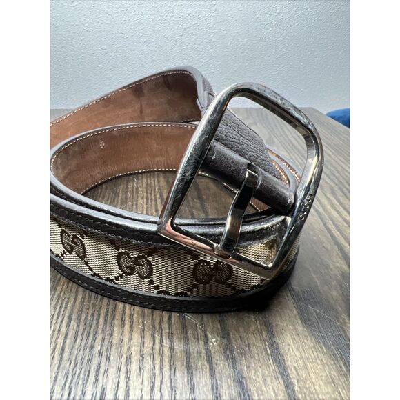 Gucci GG Canvas Mono Leather Palladium Silver Buckle Belt Brown Sz 34 - Picture 7 of 11